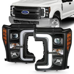 AmeriLite for 2017-2019 Ford Super Duty F250 F350 XL XLT Black Replacement Projector Headlights w/LED Bar Set - Passenger and Driver