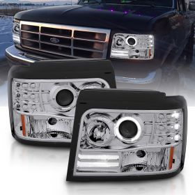 AmeriLite Chrome Projector Headlights Halo For Ford F-150/F-250/Bronco - Passenger and Driver Side