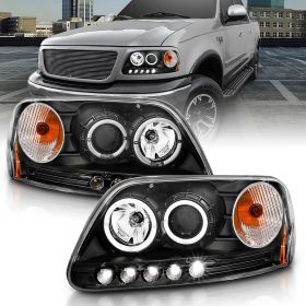 AmeriLite for 1997-2003 Ford F150 / Expedition Black Projector LED Dual Halo Ring Replacement Headlights Pair - Passenger and Driver Side