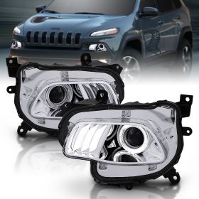 AmeriLite Chrome LED Bar Halo Replacement Headlights Set For 14-18 Jeep Cherokee - Driver and Passenger Side