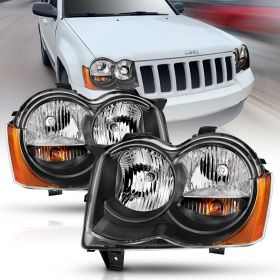 AmeriLite Black Replacement Headlights Set For Jeep Grand Cherokee Halogen Type (Pair) High/Low Beam Bulb Included