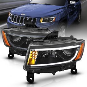 AmeriLIte 2014-2015 LED Bar / Turn Signal Projector Black Headlights Pair For Jeep Grand Cherokee Halogen Version