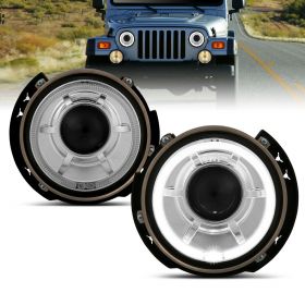 AmeriLite 7" inch LED Halos Projector Headlight Pair for 07-17 Jeep Wrangler - Driver and Passenger Side