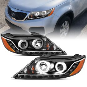 AmeriLite Black Projector Headlights Ultra Bright LED Halo For Kia Sorento - Passenger and Driver Side