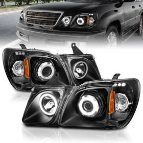 AmeriLite Black Projector Headlights Ultra Bright LED Halo For Lexus LX470 - Passenger and Driver Side