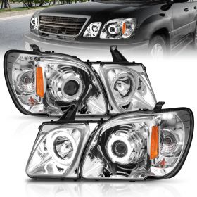 AmeriLite Chrome Projector Headlights Ultra Bright LED Halo For Lexus LX470 - Passenger and Driver Side