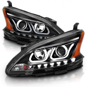AmeriLite 2013-2015 Projector Dual LED Bar Black Replacement Headlights Set For Sentra - Passenger and Driver Side