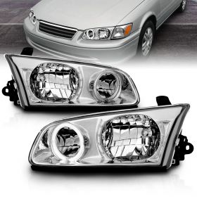 AmeriLite Chrome Replacement Headlights LED Halo Set For 2000-2001 Toyota Camry - Passenger and Driver Side
