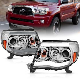 AmeriLite 2005-2011 for Toyota Tacoma Dual LED Tube Chrome Projector Headlights Assembly Replacement Pair - Driver and Passenger Side