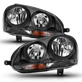 AmeriLite Black Headlights For VW Volkwagen Gold Jetta Halogen Type (Pair) High/Low Beam Bulb Included
