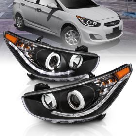 AmeriLite Black Projector Replacement Headlights LED Bar Halo Set For Hyundai Accent 4 Door/Hatchback - Passenger and Driver Side