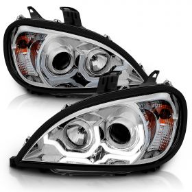 AmeriLite Chrome Projector Replacement Headlights Dual LED Bar Set For Freightliner Columbia (Pair) High/Low Beam Bulb Included