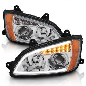 AmeriLite Chrome Projector Replacement Headlights LED Bar Turn Signal Set For Kenworth T660 (Pair) High/Low Beam Bulb Included