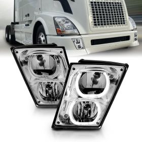 AmeriLite Chrome Dual LED Halo Bar Fog Lights Pair For Volvo VNX VNL VNM Truck - Driver and Passenger Replacement
