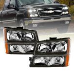 AmeriLite for 2003-2006 Chevy Silverado 1500HD 2500HD 3500 / Avalanche Pickup Black Replacement Headlights Assembly w/Bumper lamp Set - Driver and Passenger Side