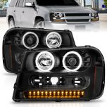 AmeriLite for 2002-2009 Chevy Trailblazer Dual Xtreme LED Halo Rings Black Projector Replacement Headlights - Passenger and Driver Side