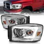 AmeriLite for RAM Truck 2006-2008 1500 | 06-09 2500 3500 LED Tube Light Bar Chrome Projector Headlights - Passenger and Driver Side