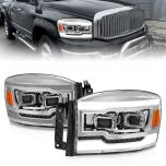 AmeriLite for 2006-2008 Ram 1500 2500 3500 Pickup Dual LED Tube Square Projector Chrome Replacement Headlights - Passenger and Driver Side