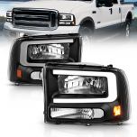AmeriLite for 1999-2004 Ford F250 F350 F450 Superduty | 99-01 Excursion C-Type LED Tube Black Replacement Headlight Pair - Passenger and Driver Side
