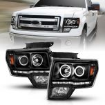 AmeriLite Xtreme LED Halos Black Projector Headlights Set for 2009-2014 Ford F150 Pickup - Passenger and Driver Side