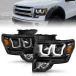AmeriLite for Ford 2009-2014 F-150 U-Type LED Tube Black Projector Headlights Front Lamp Set - Passenger and Driver Side