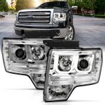 AmeriLite for Ford 2009-2014 F-150 HID Model U-Type LED Tube Chrome Projector Headlights Set Replacement Lamp - Passenger and Driver Side