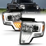 AmeriLite Replacement Headlights Assembly for 2009-2014 Ford F150 Switchback LED Tube Quad Projector Chrome Set - Passenger and Driver Side
