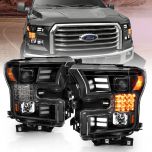 AmeriLite for 2015-2017 Ford F150 Replacment Headlights Black Quad Projector w/ Dual LED Tube Signal Assembly Set - Driver and Passenger Side