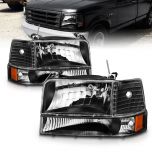 AmeriLite for 1992-1996 Ford F150 F250 F350 Bronco Truck Black Replacement Headlight Assembly w/ Bumper Corner Lamp Set - Driver and Passenger Side