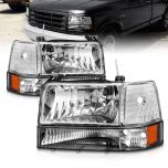 AmeriLite for 1992-1996 Ford F150 F250 F350 Bronco Truck Chrome Replacement Headlight Assembly w/ Bumper Corner Lamp Set - Driver and Passenger Side