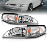AmeriLite Chrome Replacement Headlights Corner Turn Signal Set For 94-98 Ford Mustang - Passenger and Driver Side