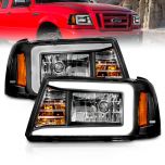 AmeriLite for 2001-2011 Ford Ranger LED Tube Black Replacement Headlights w/ Corner Lamp Set - Passenger and Driver Side