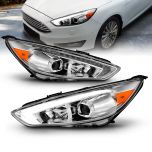 AmeriLite for 2015-2018 Ford Focus LED DRL Switchback Tube Chrome Square Projector Headlight Assembly Pair - Passenger and Driver Side