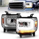 AmeriLite for 2014-2016 GMC Sierra 1500/15-2017 2500HD 3500HD Chrome LED Tube Projector Replacement Headlights Assembly Pair - Passenger and Driver Side