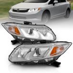 AmeriLite Chrome Projector Replacement Headlights Dual LED Bar Set For Honda Civic - Passenger and Driver Side