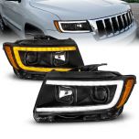 AmeriLite for 2011-2013 Jeep Grand Cherokee WK2 C-Type LED Switchback Tube Black Square Projector Headlight Assembly Pair - Passenger and Driver Side
