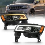 AmeriLite for 2017 2018 2019 Jeep Grand Cherokee Black Quad Projector headlights w/LED Bar Switchback Set - Passenger and Driver