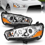 AmeriLite for 2008-2017 Mitsubishi Lancer / Evo Dual Xtreme LED Halos Light Bar Chrome Projector Headlights Set - Passenger and Driver Side