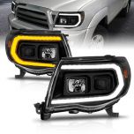 AmeriLite for 2005-2011 Toyota Tacoma C-Type LED Tube Signal Square Projector Black Headlights Pair - Passenger and Driver Side