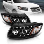 AmeriLite LED Parking Projector Black Replacement Headlights Set for 2007-2012 Hyundai Santa Fe - Passenger and Driver Side
