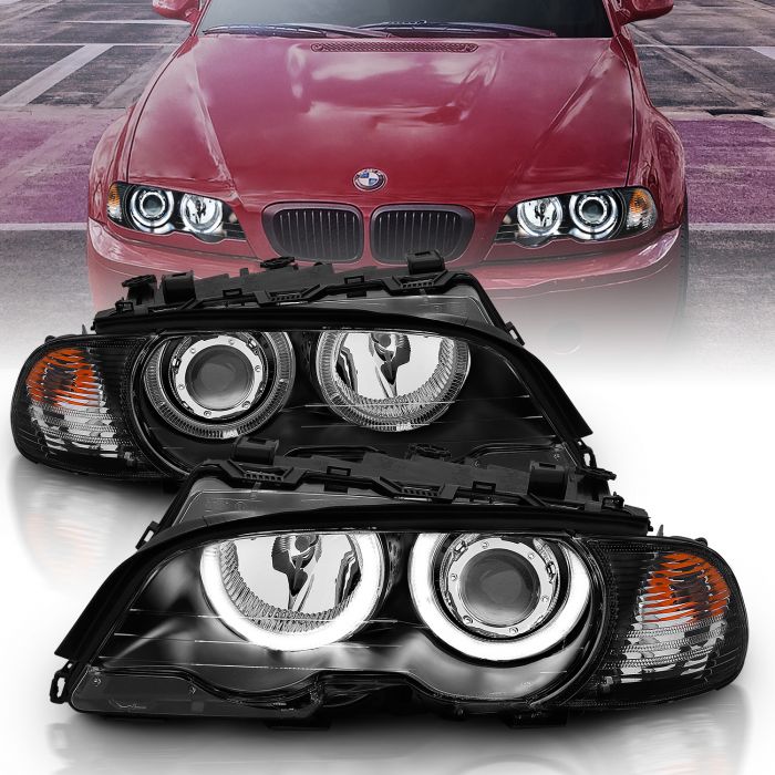 00 01 02 03 BMW E46 2DR Coupe Dual Halo Projector Headlights Black w/ Corner 