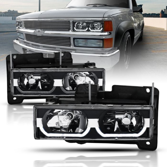 AmeriLite Black Replacement Headlights LED Halo Bar for Chevy/GMC Fullsize Truck SUV Passenger and Driver Side 