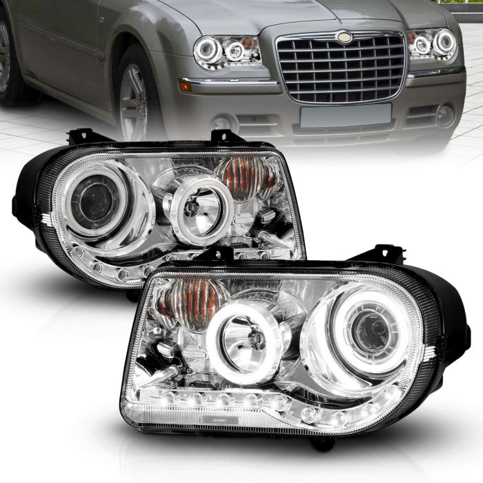 AmeriLite for 2005-2010 Chrysler 300 Xtreme LED Dual Halos Black Headlights Assembly Set Passenger and Driver Side 