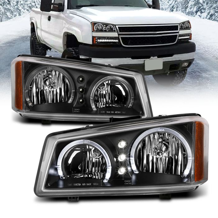 AmeriLite for 2003-2006 Chevy Silverado 1500 2500 3500 Passenger and Driver Side Avalanche Black Replacement Headlights Assembly Set 