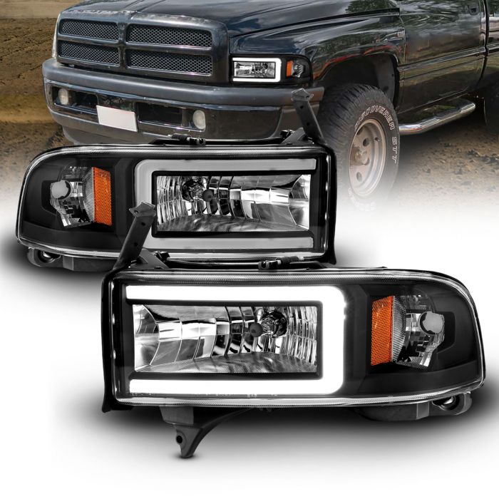Passenger and Driver Side 94-02 Ram 2500 3500 HD C-Type LED Tube Black Replacement Headlights Set AmeriLite Replacement for 1994-2001 Dodge Ram 1500 
