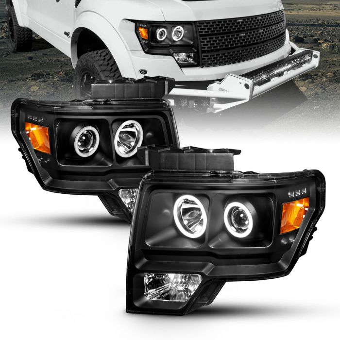 For Ford F150 F-150 Pickup Black Bezel Dual Halo LED G2 Projector Headlights Front Lamps Replacement 