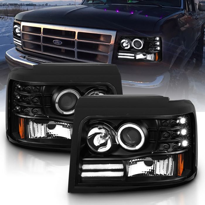 AmeriLite Chrome Projector Headlights LED Halo Bar Turn Signal Set For Ford F-150 Passenger and Driver Side 