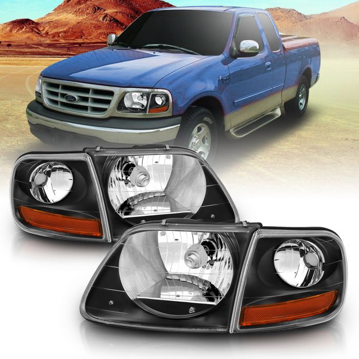 AmeriLite Replacement Crystal Headlights with Corner Parking Set for Ford F150 F-150 Harley Lighting Driver and Passenger 