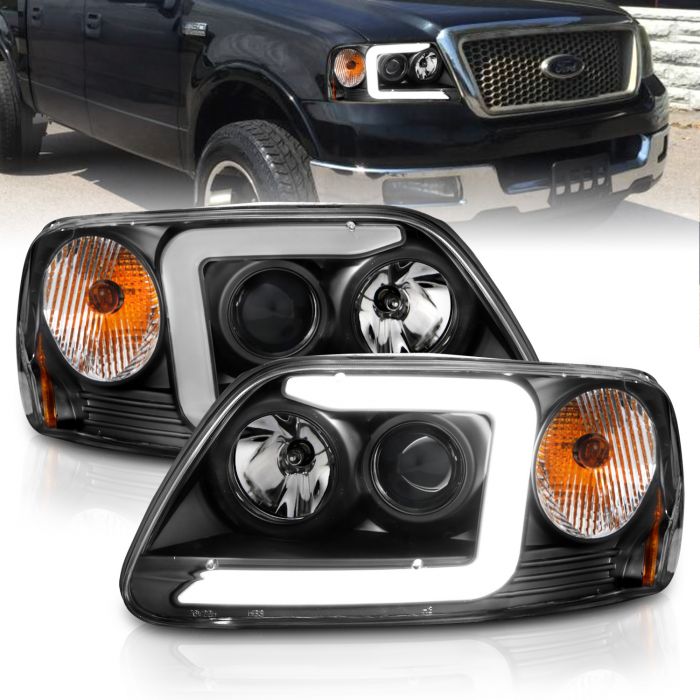Driver and Passenger Side AmeriLite for 1997-2003 Ford F150 97-2002 Expedition Pickup Truck LED Tube Black Projector Headlights Set 