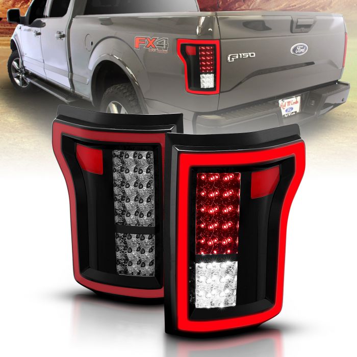 AmeriLite Full LED C-Type Light Bar Black Taillights Assembly Pair for 2015-2017 Ford F150 - Passenger and Driver Side 